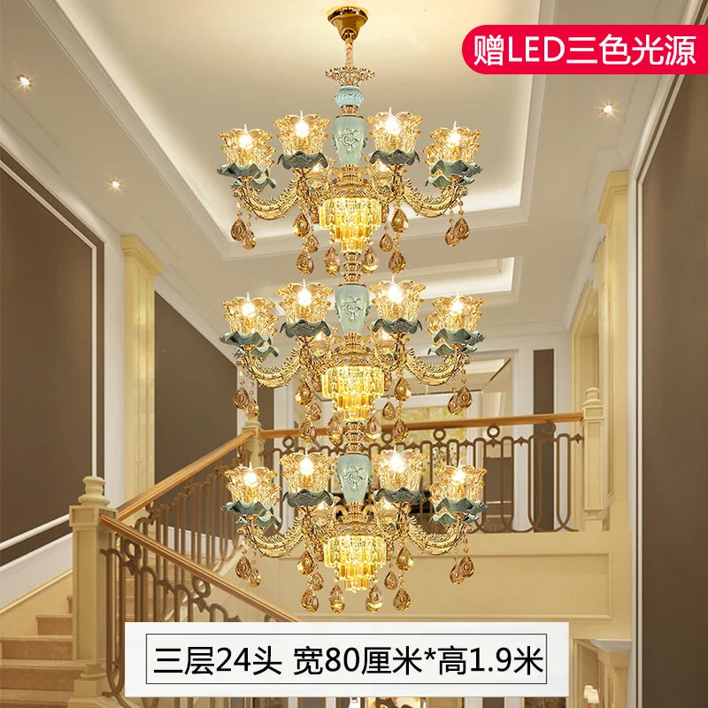 Chandelier European-Style Crystal Lamp Ceramic Three-Layer Living Room and Hotel Staircase Duplex Villa Lamps