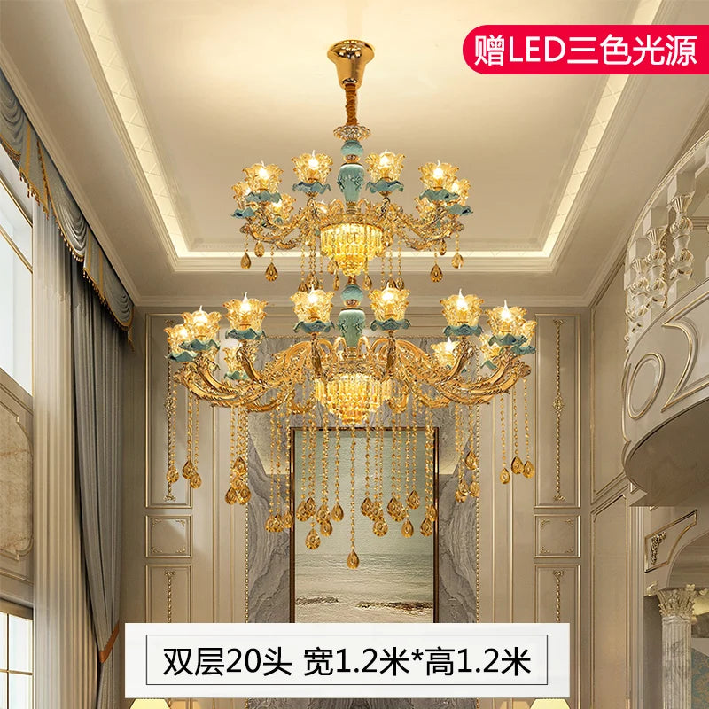 Chandelier European-Style Crystal Lamp Ceramic Three-Layer Living Room and Hotel Staircase Duplex Villa Lamps