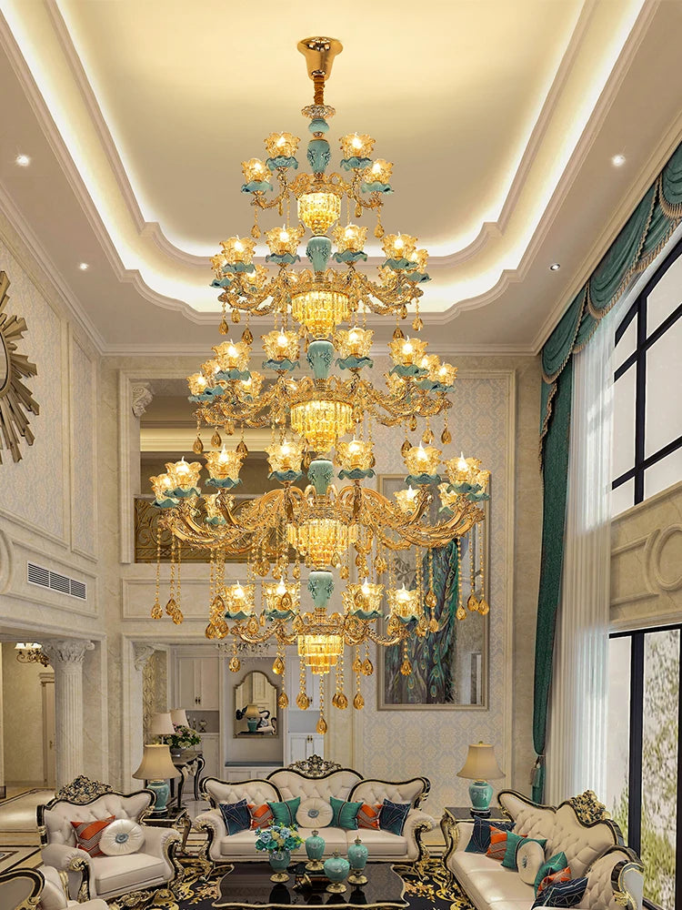 Chandelier European-Style Crystal Lamp Ceramic Three-Layer Living Room and Hotel Staircase Duplex Villa Lamps