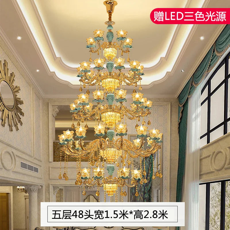 Chandelier European-Style Crystal Lamp Ceramic Three-Layer Living Room and Hotel Staircase Duplex Villa Lamps