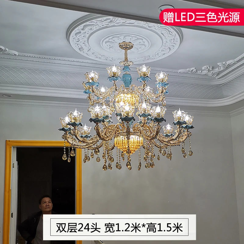 Chandelier European-Style Crystal Lamp Ceramic Three-Layer Living Room and Hotel Staircase Duplex Villa Lamps