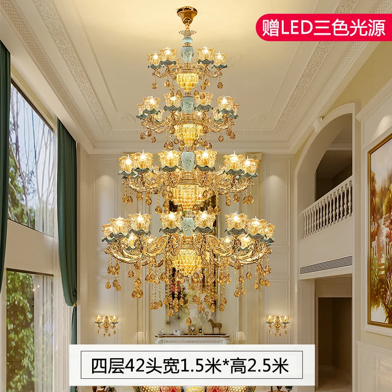 Chandelier European-Style Crystal Lamp Ceramic Three-Layer Living Room and Hotel Staircase Duplex Villa Lamps