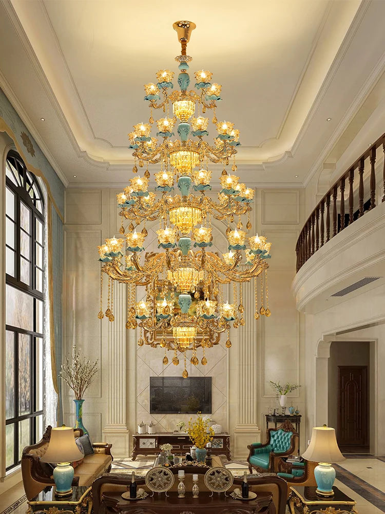 Chandelier European-Style Crystal Lamp Ceramic Three-Layer Living Room and Hotel Staircase Duplex Villa Lamps