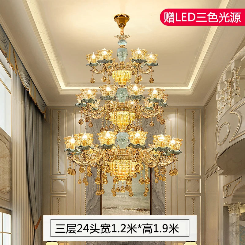 Chandelier European-Style Crystal Lamp Ceramic Three-Layer Living Room and Hotel Staircase Duplex Villa Lamps