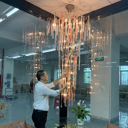Chandelier Middle Floor Lobby Copper Crystal Lamp Custom Hotel Villa Living Room Lamps Stair Light