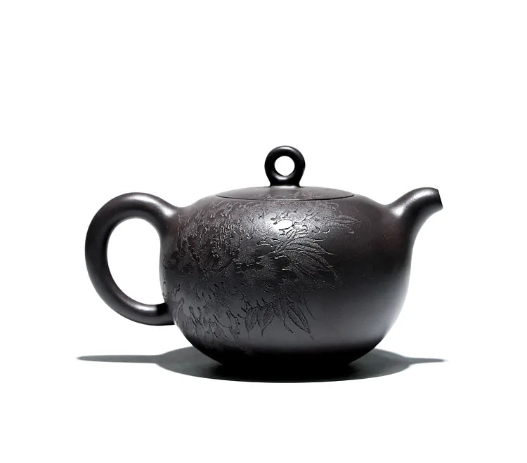 Changtao: Yixing Original Mine Purple Clay Pot, Handmade By Li Jianjun, High Temperature Sky Blue Carved Peony Beads, 380cc