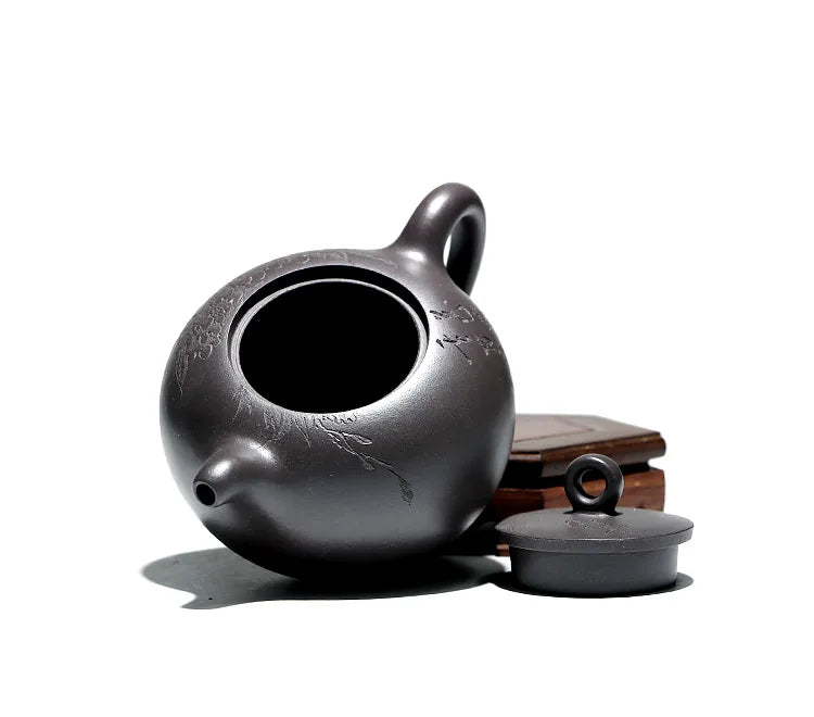 Changtao: Yixing Original Mine Purple Clay Pot, Handmade By Li Jianjun, High Temperature Sky Blue Carved Peony Beads, 380cc