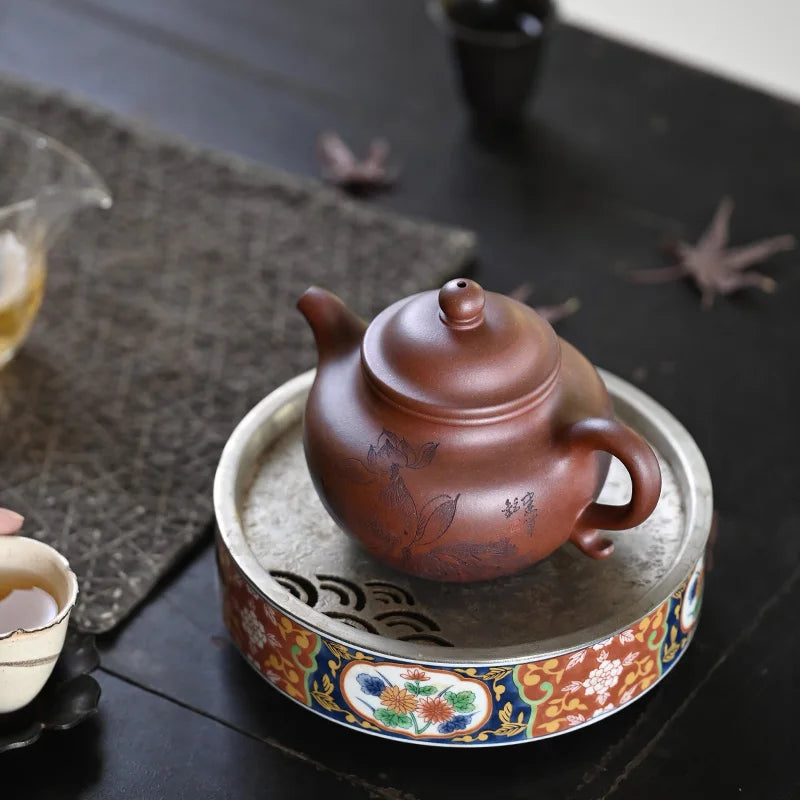 【 Changtao 】 Yixing Original Mine Purple Clay Pot, Li Jianjun Fully Handmade Bottom Groove, Clear Engraving, Duo, 330cc