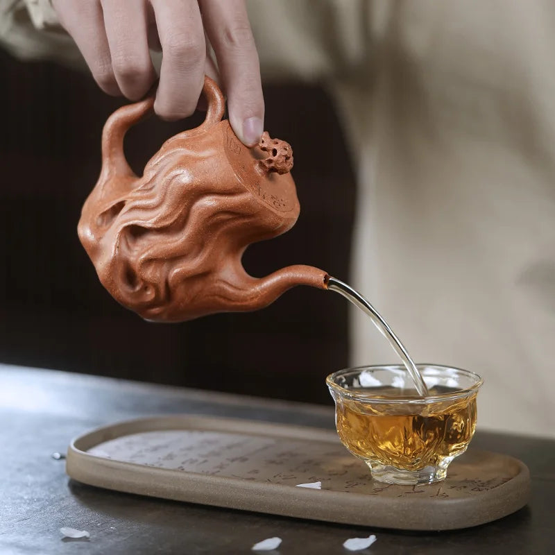 【 Changtao 】 Yixing Original Mine Purple Clay Pot Tea High End Handmade Ningyun Yellow Descending Slope Engraving Tree Stake