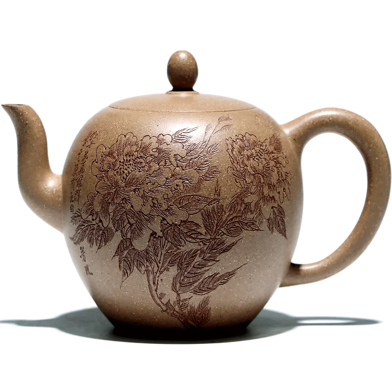 Changtao: Yixing Raw Mine Purple Clay Pot, Handmade By Li Jianjun, High Temperature Section, Carving, Peony Beauty Shoulder