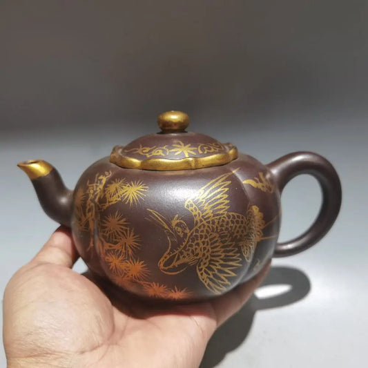 Chinese Yixing Zisha Clay Teapot  Golden painted persimmon round Pot by Emperor Qianlong 420ml