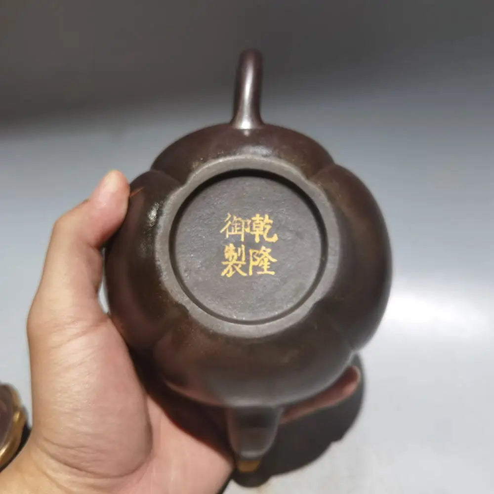 Chinese Yixing Zisha Clay Teapot  Golden painted persimmon round Pot by Emperor Qianlong 420ml