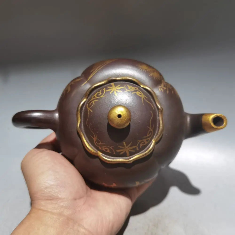 Chinese Yixing Zisha Clay Teapot  Golden painted persimmon round Pot by Emperor Qianlong 420ml