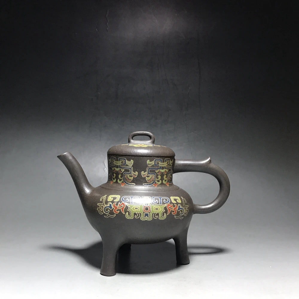Chinese Yixing Zisha Clay Teapot  Silver Silk Tripod Pattern Three legged Pot Jinding trademark 350ml