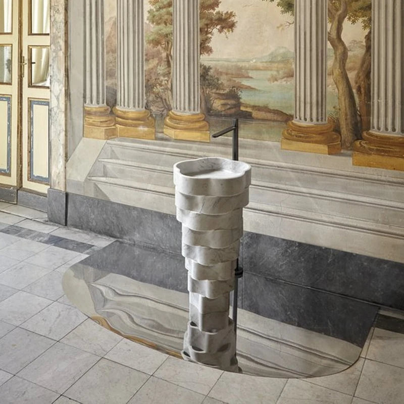 Column-integrated floor-standing carrara marble imperforate hotel art outdoor courtyard column washbasin