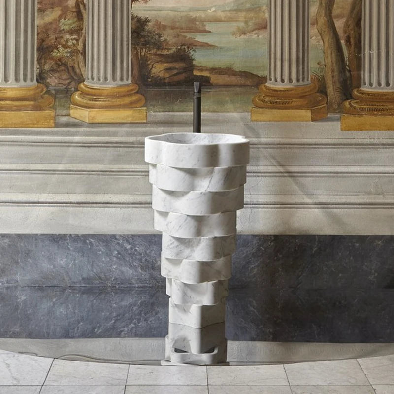 Column-integrated floor-standing carrara marble imperforate hotel art outdoor courtyard column washbasin