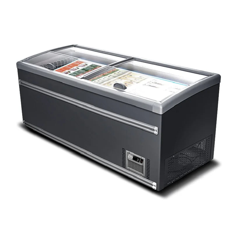 Commercial -22C degree Curved Island Refrigerator Sliding Glass Door Display Chest Deep Freezer
