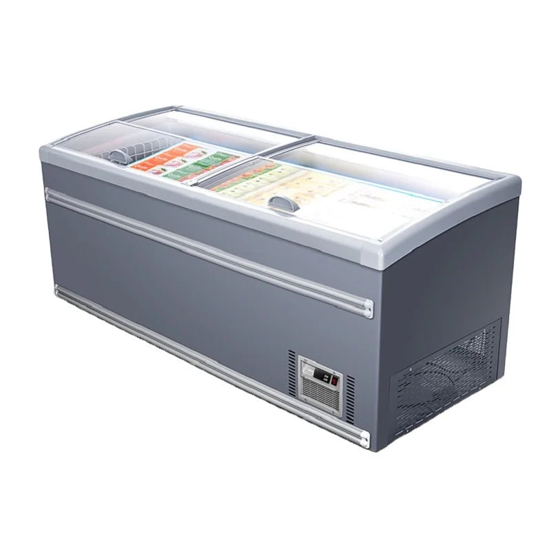 Commercial -22C degree Curved Island Refrigerator Sliding Glass Door Display Chest Deep Freezer