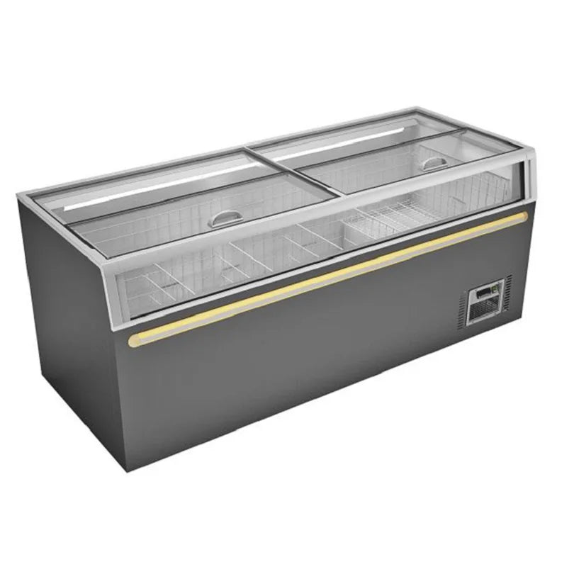 Commercial -22C degree Curved Island Refrigerator Sliding Glass Door Display Chest Deep Freezer