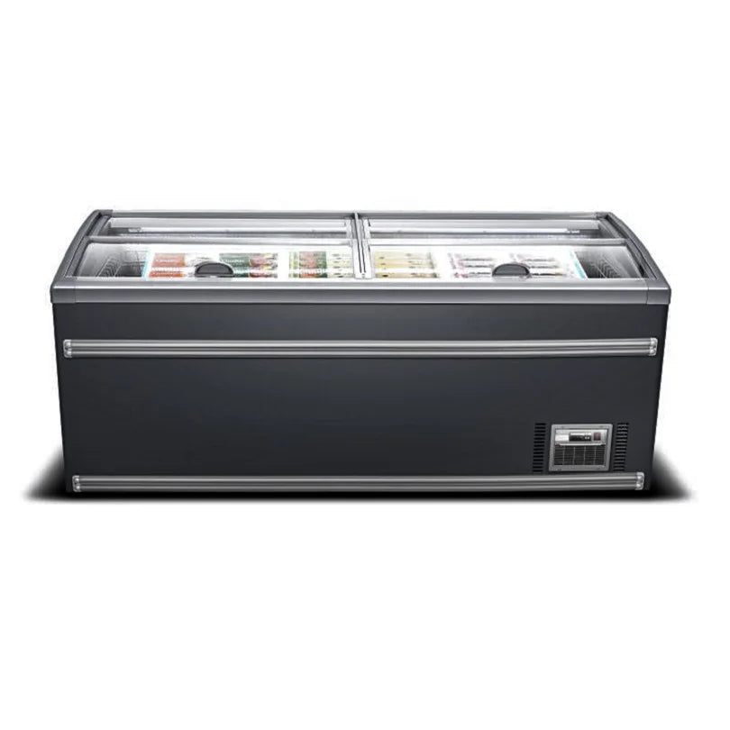 Commercial -22C degree Curved Island Refrigerator Sliding Glass Door Display Chest Deep Freezer