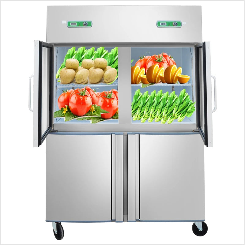 Commercial four-door refrigerator glass+stainless steel door freezer vertical double-temperature refrigeration and fresh-keeping
