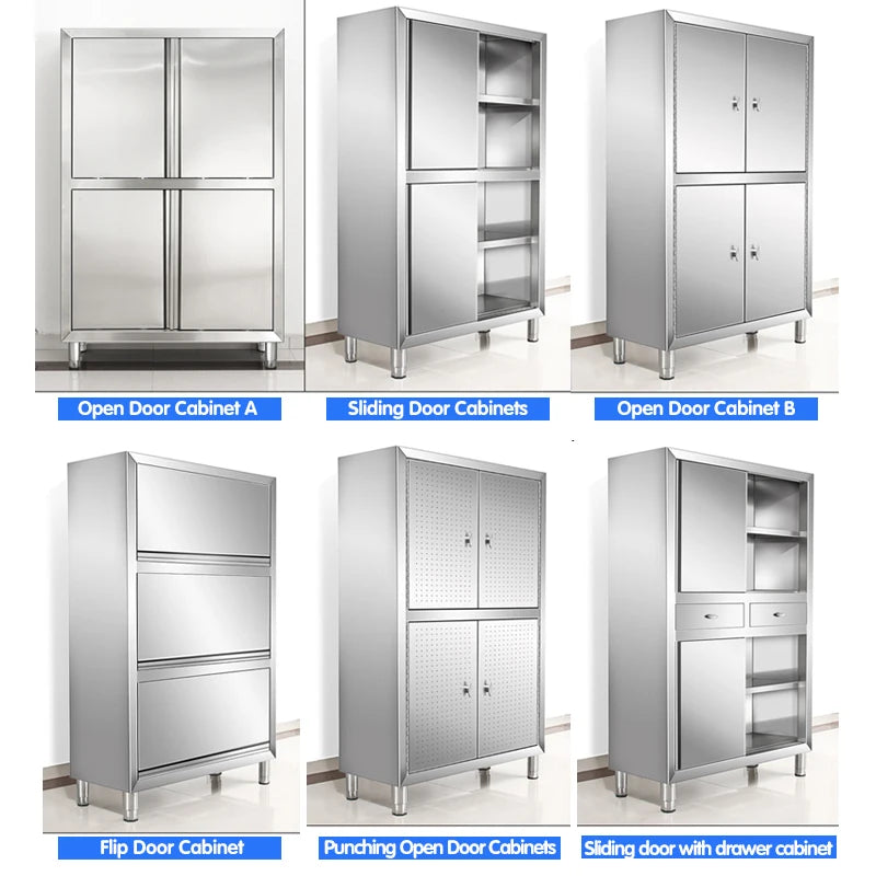 Commercial stainless steel 201 / 304 Sliding door restaurant kitchen cabinet for adjustable feet