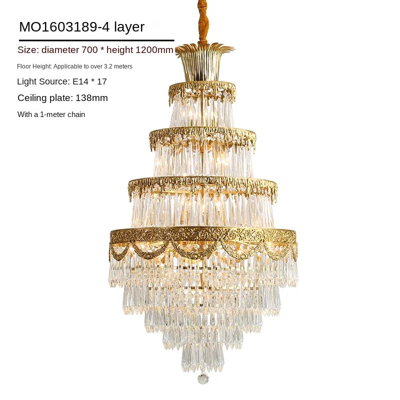 Copper Crystal Chandelier Staircase Duplex Building Luxury Creative High-End Villa Atmospheric Lamps