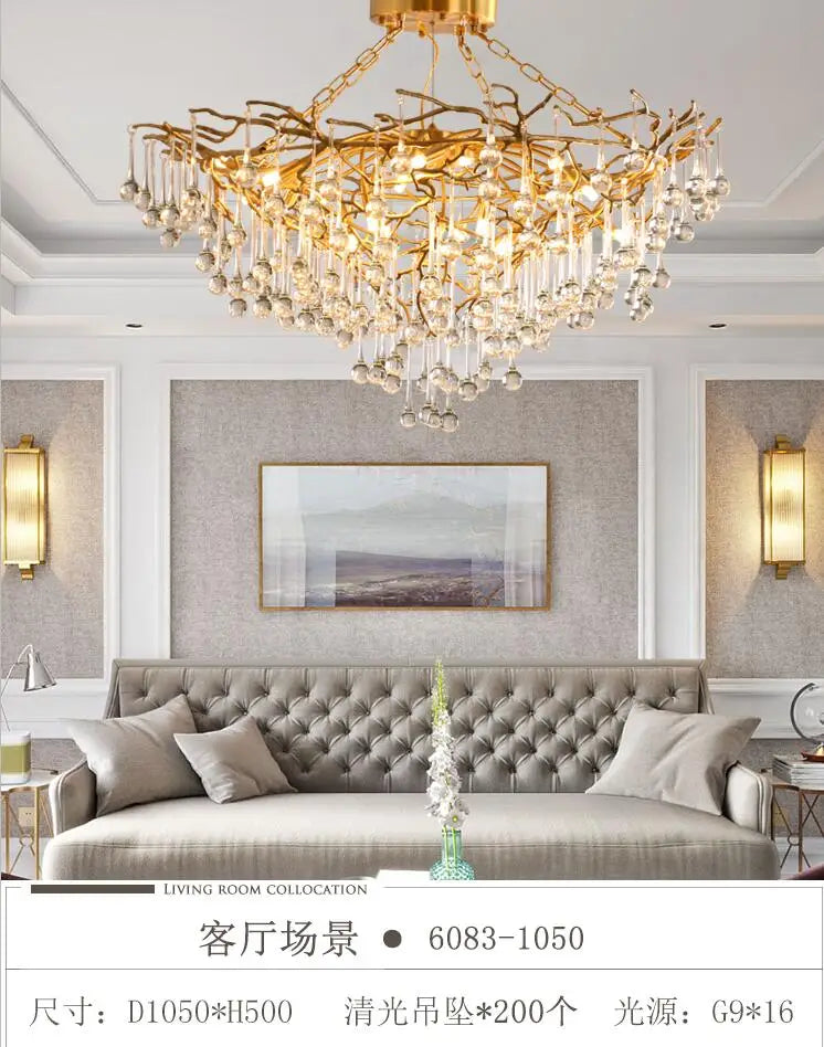 Copper lamp luxury post-modern copper crystal chandelier French living room dining hall lamp American minimalist designer villa