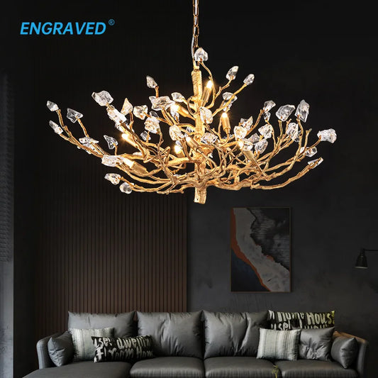 Creative Copper Tree Branches Chandelier for Living Room Bedroom Villa Hall Decorative Lighting Fixture Glass Kitchen Island