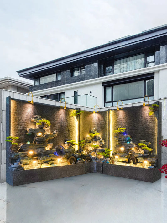 Creative large-scale right-angle rockery curtain wall floor-to-ceiling water ornament villa decoration screen triangle landscape