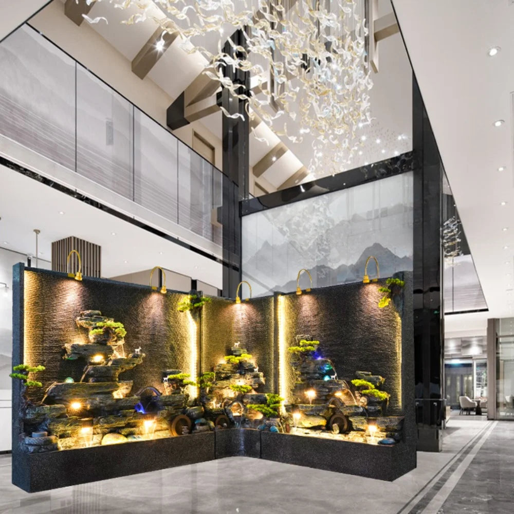 Creative large-scale right-angle rockery curtain wall floor-to-ceiling water ornament villa decoration screen triangle landscape