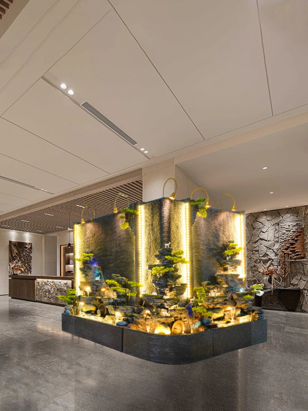 Creative large-scale right-angle rockery curtain wall floor-to-ceiling water ornament villa decoration screen triangle landscape