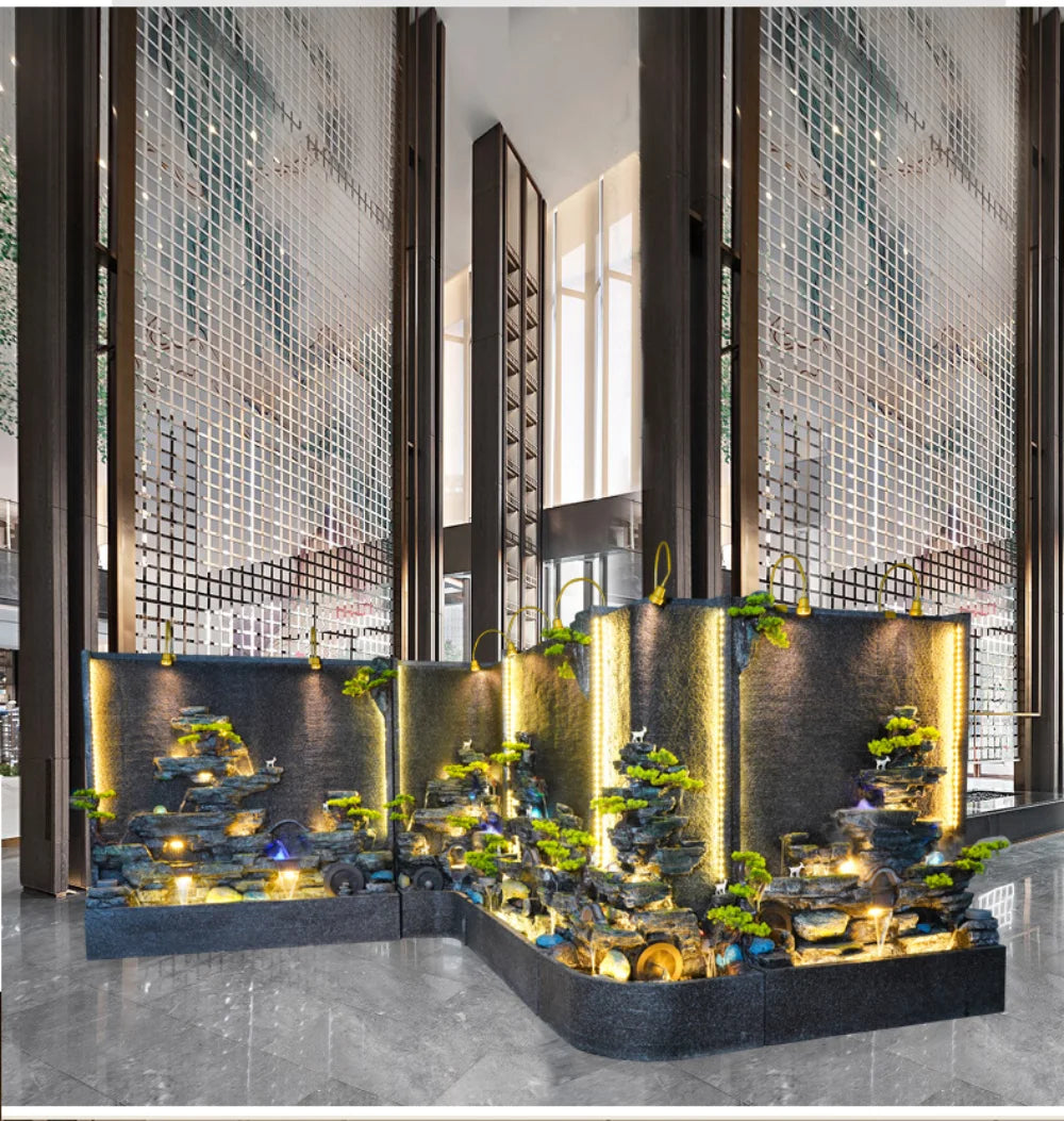Creative large-scale right-angle rockery curtain wall floor-to-ceiling water ornament villa decoration screen triangle landscape