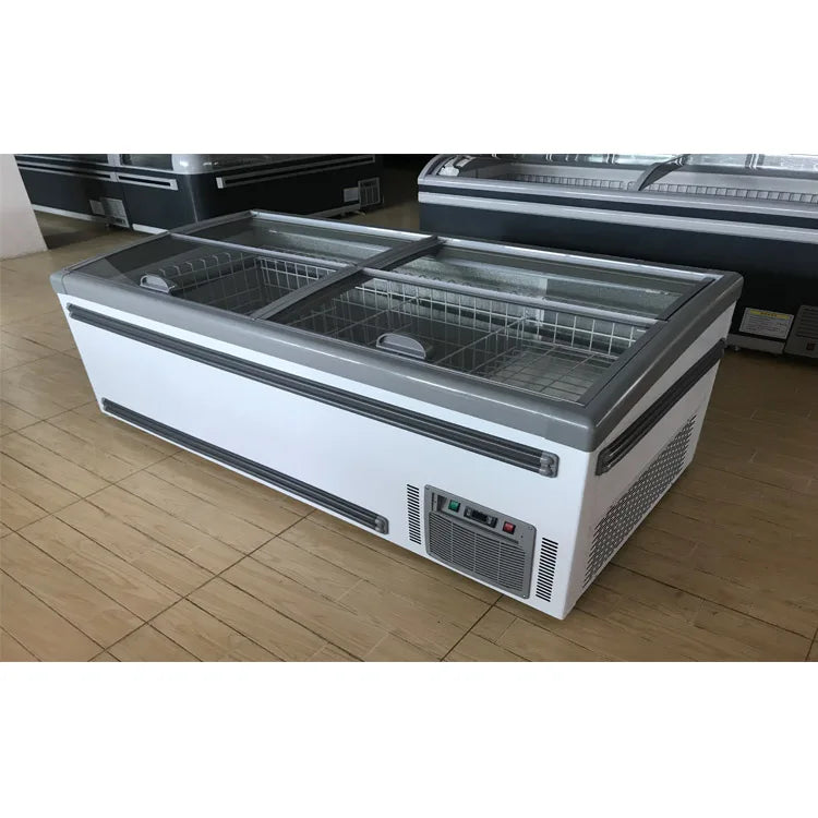 Curved Glass Door Island Chest Freezer Supermarket showcase Direct Cooling Horizontal Combined Island Chest Deep Freezer