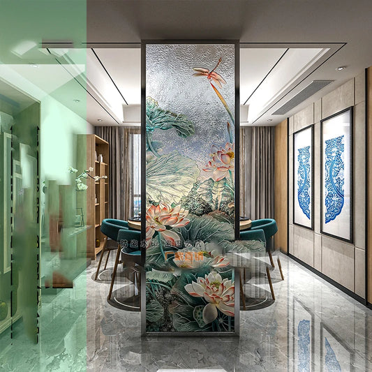 Custom Nordic light luxury transparent tempered double-sided carved stained glass partition screen home porch partition wall