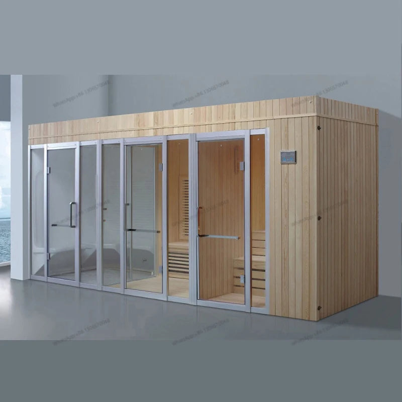 Customization of a multi person wooden dry wet steam beauty salon, sauna, sweat steam integrated room in a villa hotel