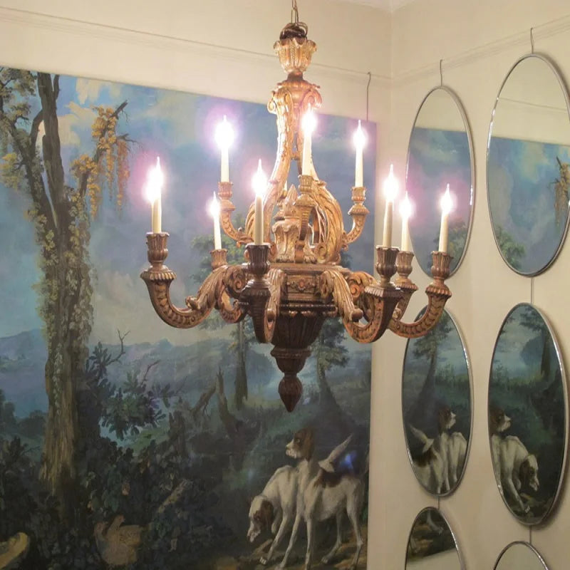 Customized American retro  wood carving wooden chandelier villa living room luxury atmosphere Nordic personalized creativity