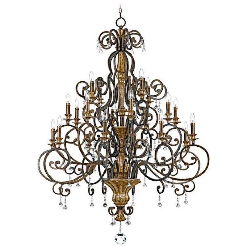 Customized European-Style Retro Wood Gold Foil Distressed Large Iron Multi-Head Villa Hollow Dining Room Decorative Chandelier