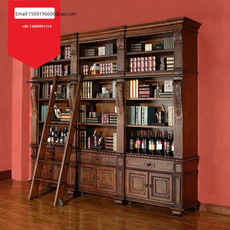 Customized European combined bookcase American high-grade carved bookcase study office furniture with ladder display cabinet