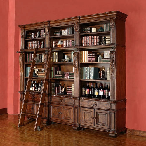 Customized European combined bookcase American high-grade carved bookcase study office furniture with ladder display cabinet