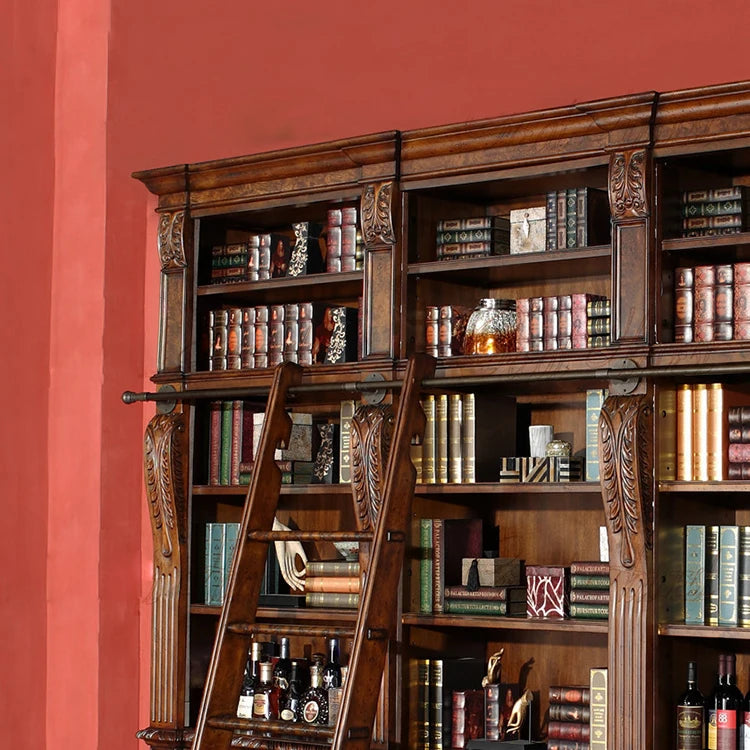 Customized European combined bookcase American high-grade carved bookcase study office furniture with ladder display cabinet