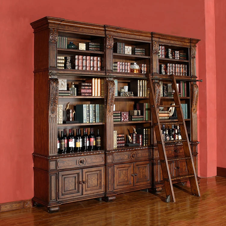 Customized European combined bookcase American high-grade carved bookcase study office furniture with ladder display cabinet