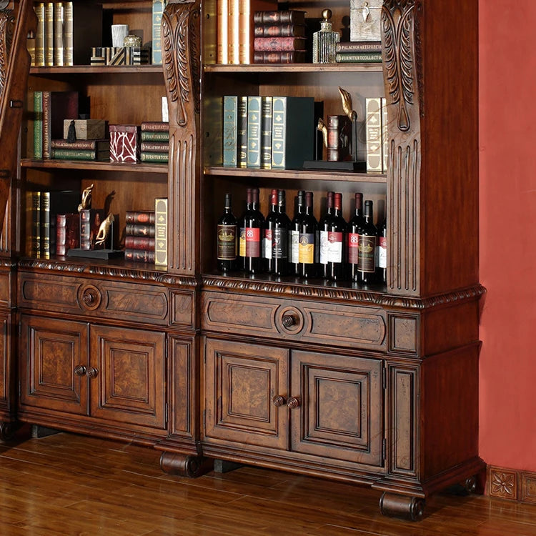Customized European combined bookcase American high-grade carved bookcase study office furniture with ladder display cabinet