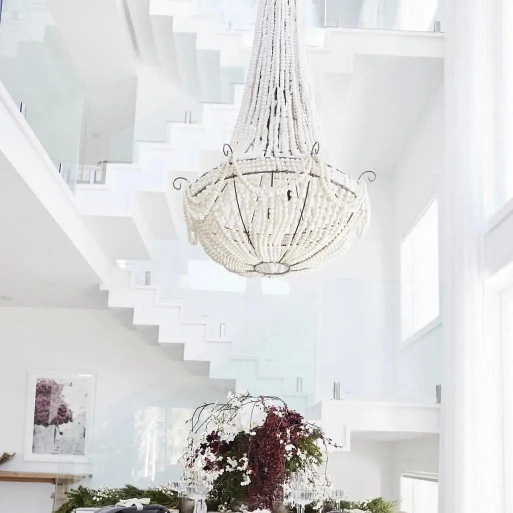 Customized Large Chandelier For Hotel Lobby Villa Wooden Beaded Big Chandelier Dia115 H180Cm Pure White Beads 6 Meters Chain