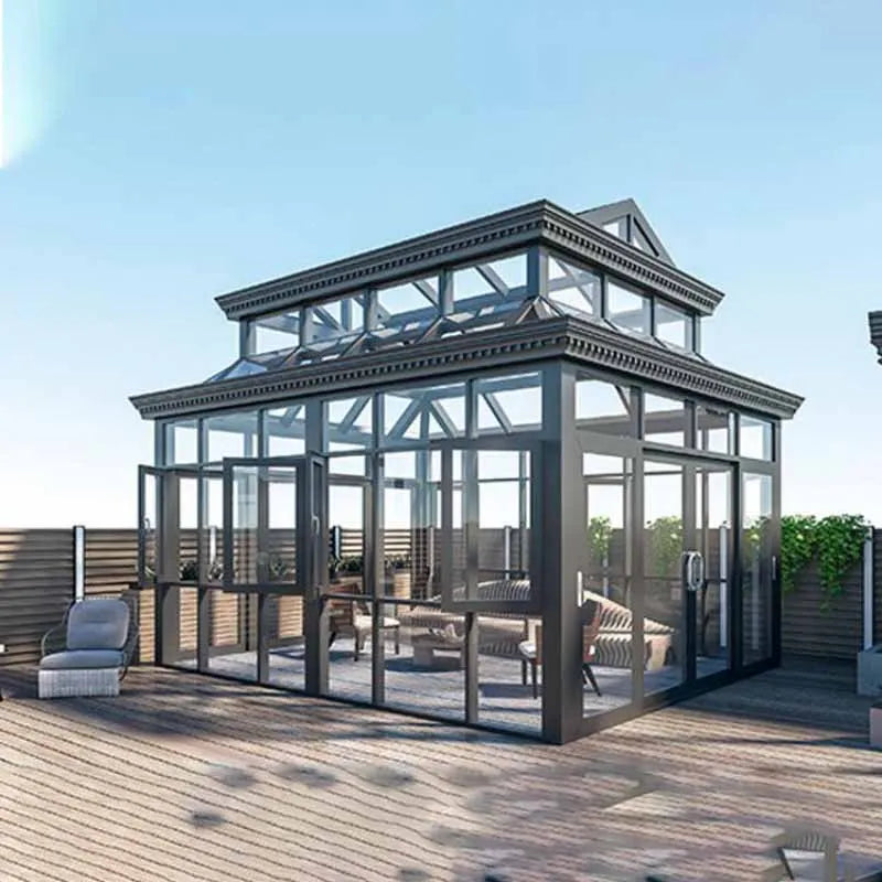 Customized Outdoor All Season Flat Freestanding Sunrooms Glass Houses Aluminium Slant Sun House