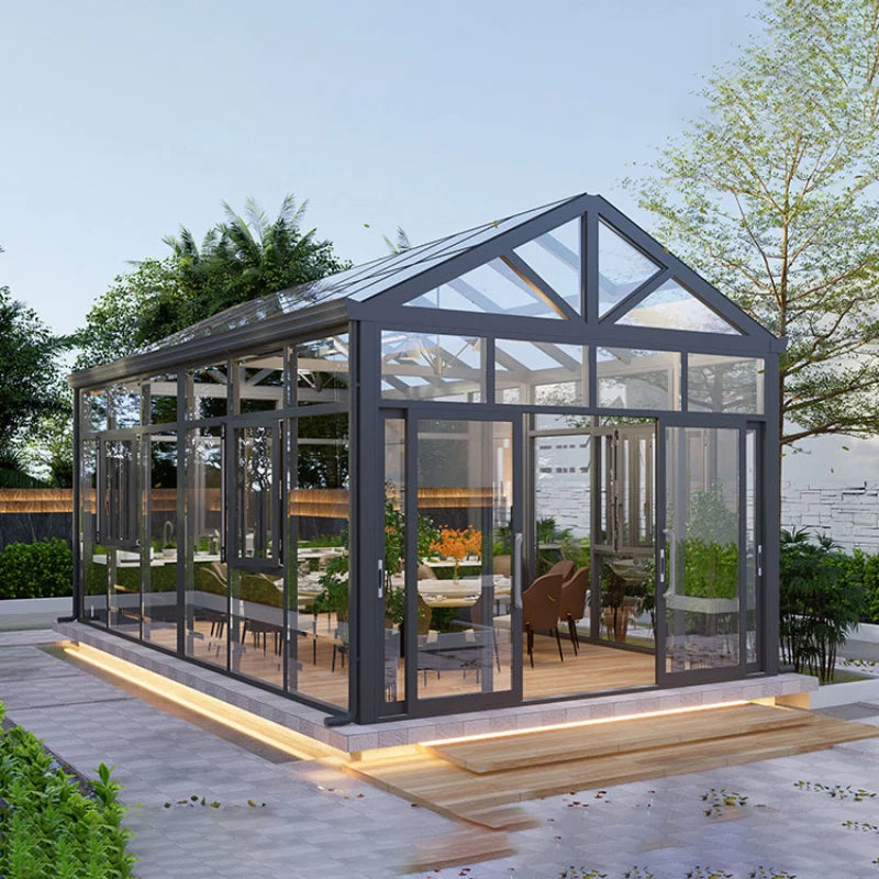 Customized Outdoor All Season Flat Freestanding Sunrooms Glass Houses Aluminium Slant Sun House