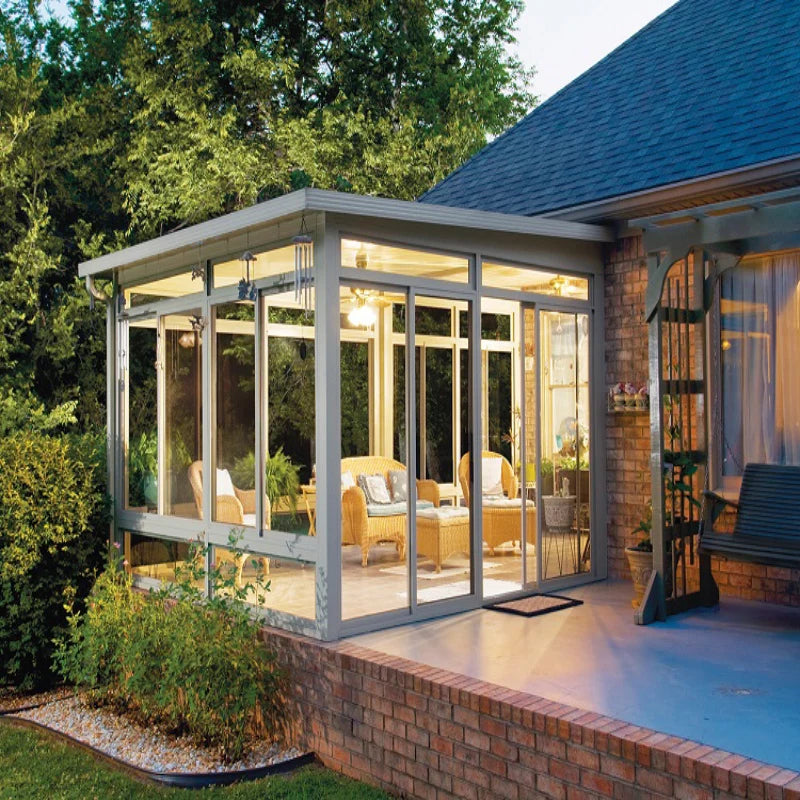 Customized Outdoor All Season Flat Freestanding Sunrooms Glass Houses Aluminium Slant Sun House