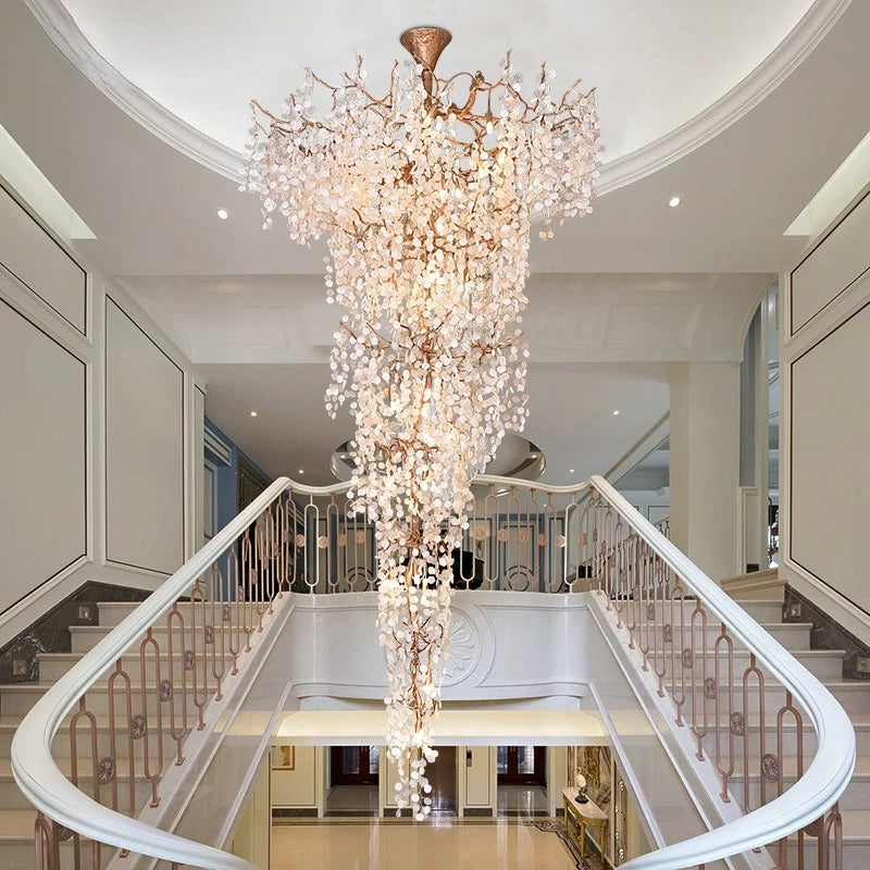 Customized Staircase Tree Branch Long Chandelier Copper Duplex Building Villa Hall Hotel