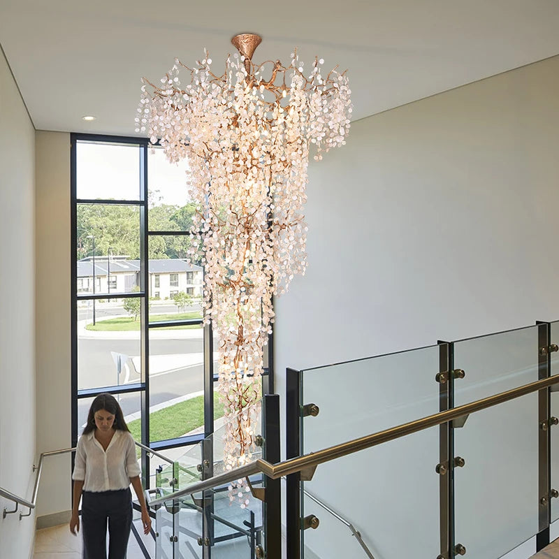 Customized Staircase Tree Branch Long Chandelier Copper Duplex Building Villa Hall Hotel