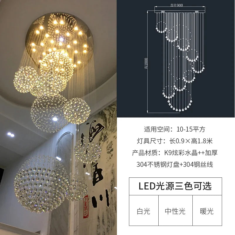 Customized crystal chandelier for duplex building, air stair lamp, office building, hall lamp, villa, air chandelier